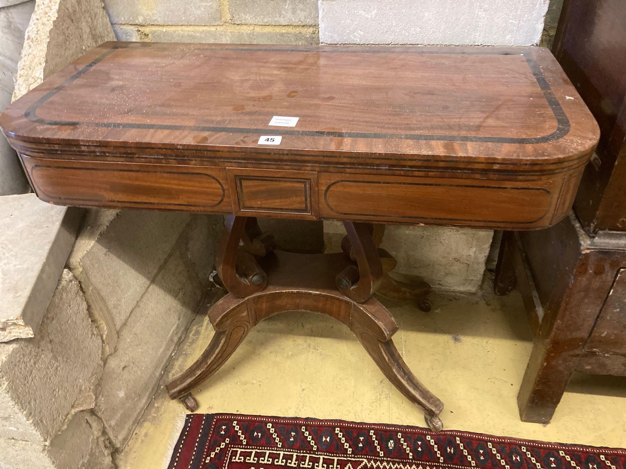 A Regency banded mahogany folding top card table, width 91cm